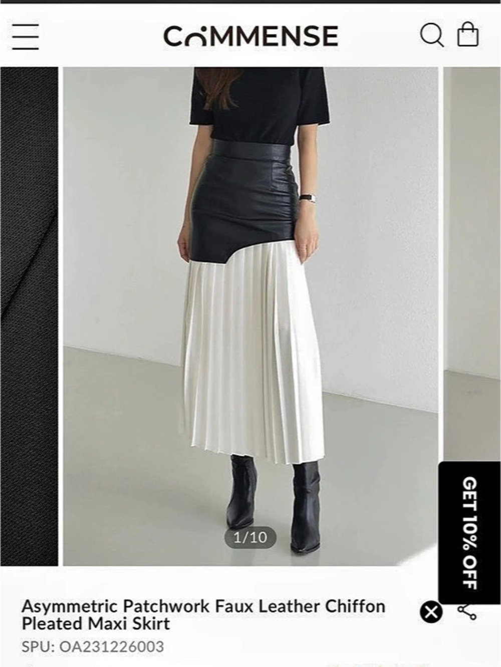 Commense Asymmetric Patchwork Faux Leather Chiffon Pleated Maxi Skirt